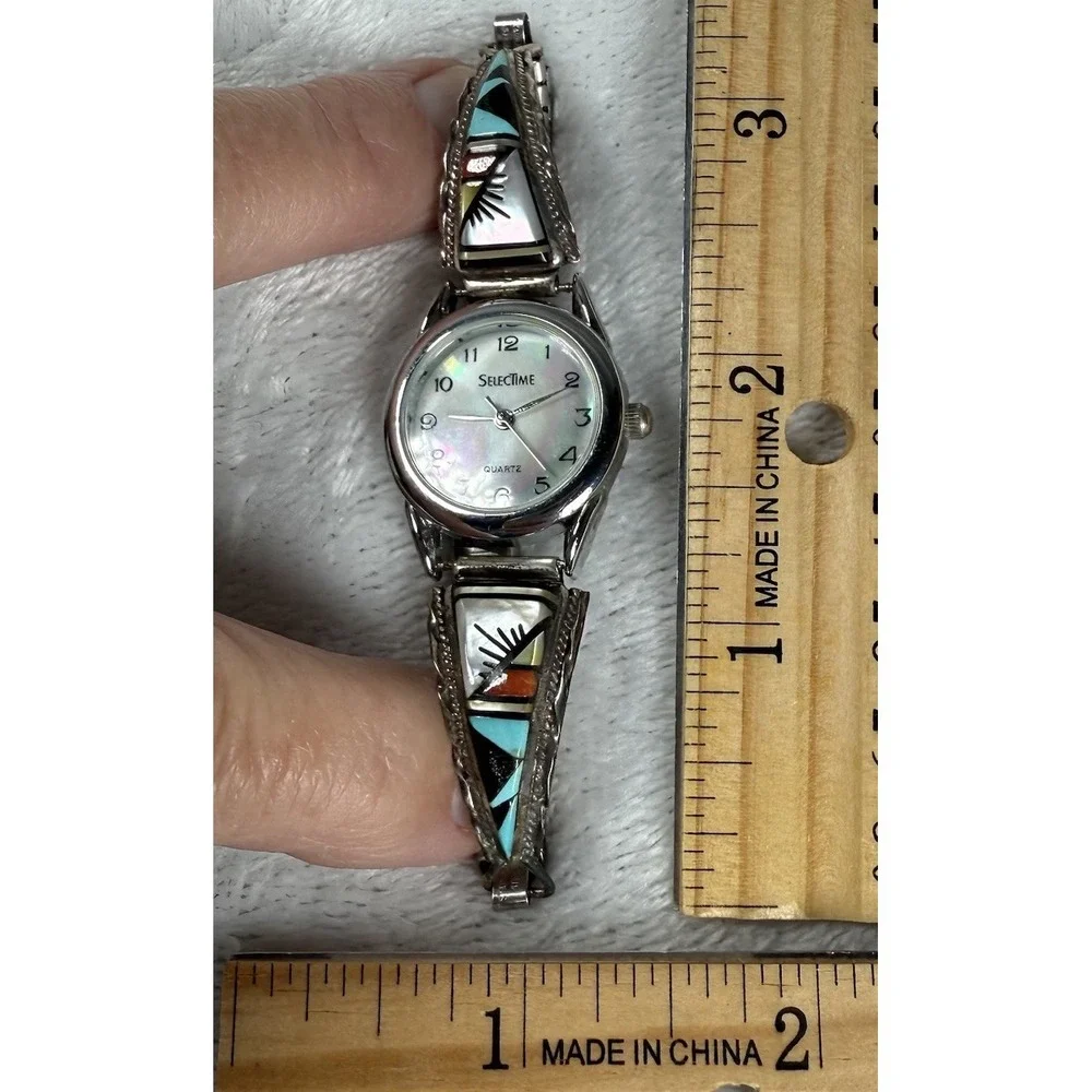Vintage‎ Zuni Sterling Silver Multi Stone Inlaid Watchband by CM Booqua